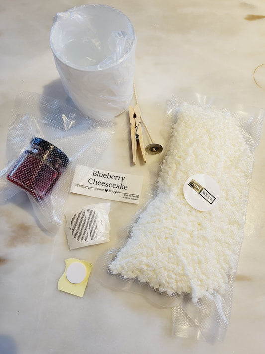DIY candle making kit includes soy wax, a vessel (colour may differ from picture shown), and all tools to make your own candle